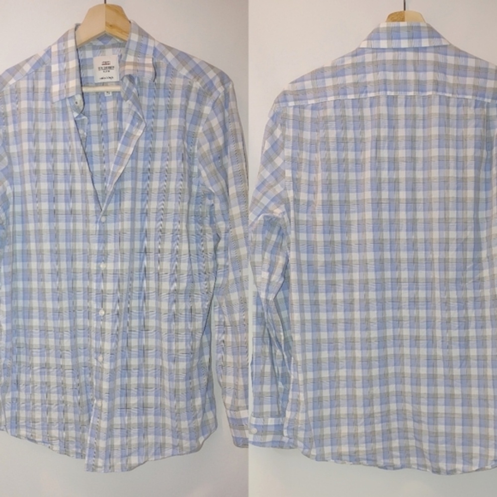 Ben Sherman Shirt Tailored Slim Fit Button Front Long Sleev Blue Gray White 15.5